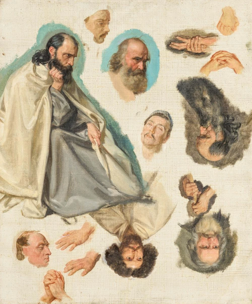 Studio di un uomo seduto accanto a studi di teste e mani